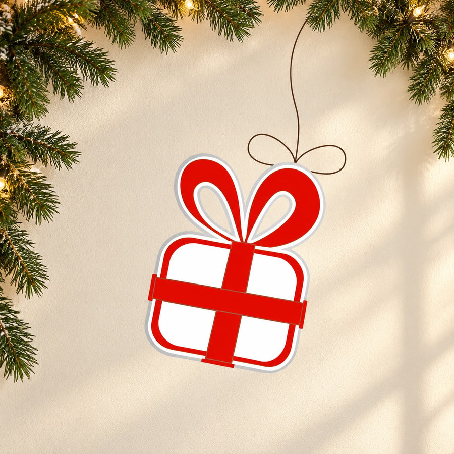 Christmas present ornament decal with red bow and ribbon