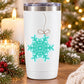 White tumbler with die-cut teal snowflake ornament decal