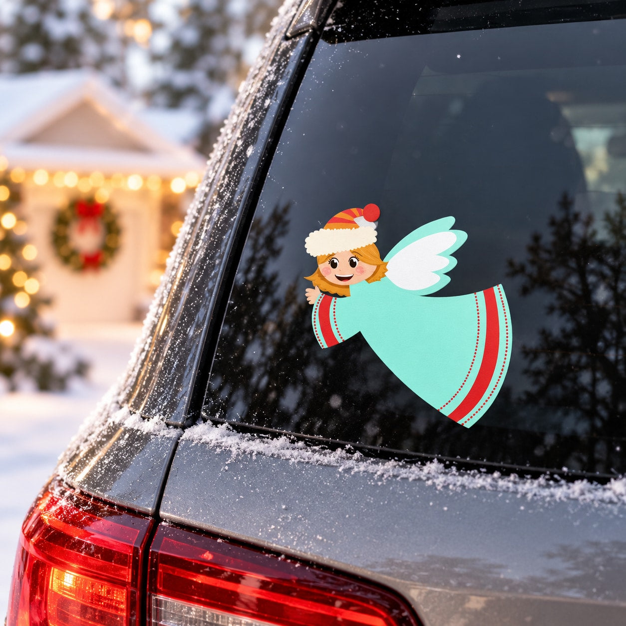 Angel ribbon-printed die-cut decal: smiling child angel in teal dress with white wings