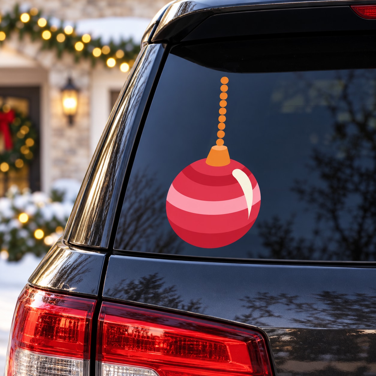 Hanging striped Christmas ornament wall sticker with red-and-white bauble design