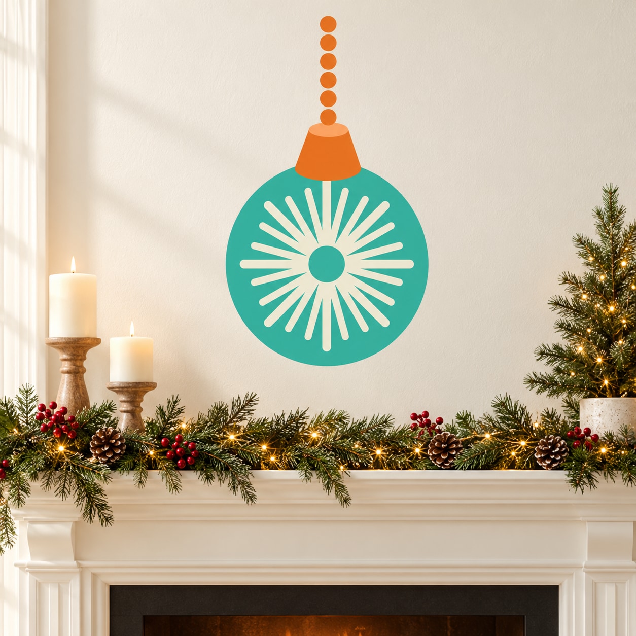 Teal starburst hanging vinyl ornament wall sticker with orange cap and white rays