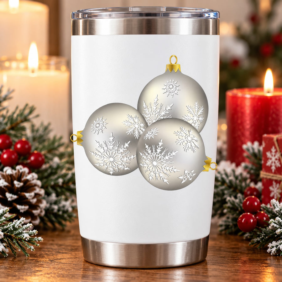 Insulated tumbler with silver lid, printed silver Christmas ornaments on white