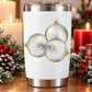 Insulated tumbler with silver lid, printed silver Christmas ornaments on white