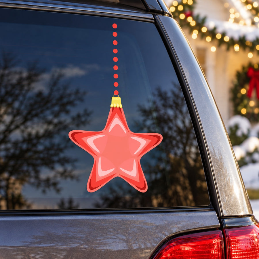 Coral red star hanging Christmas ornament decal with yellow loop at top