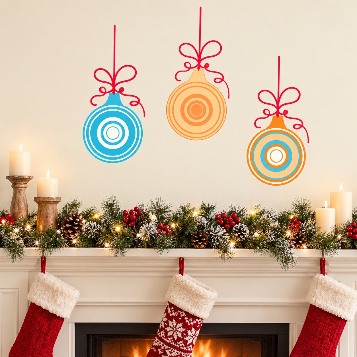 Colorful Christmas ornament wall decals, three hanging die-cut swirl designs