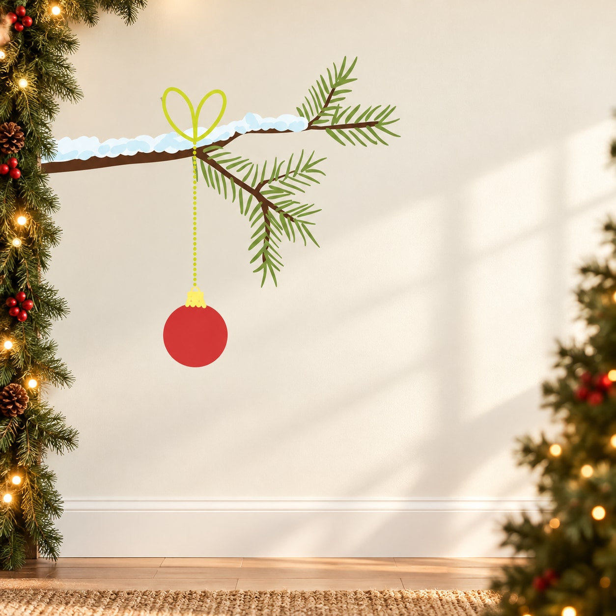 Christmas tree branch ornament wall decal with red bauble and green leaves