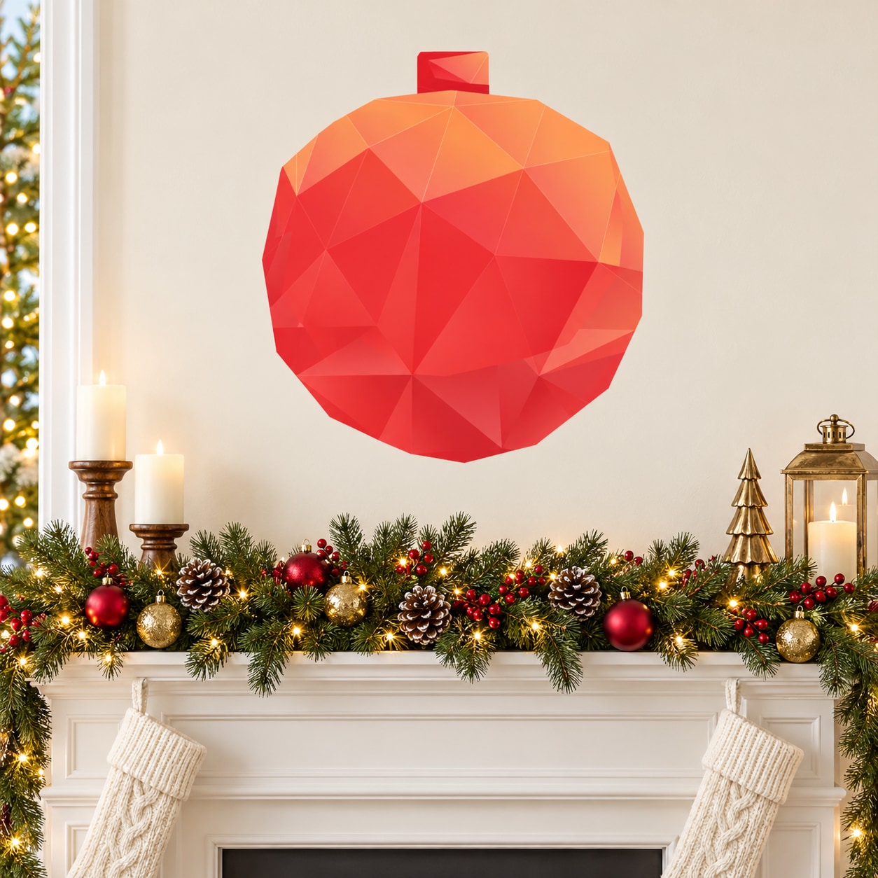 Red origami-style Christmas ornament with faceted paper design and hanging ribbon
