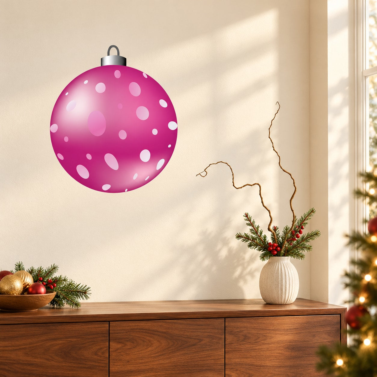 Purple polka-dot round ornament vinyl wall decal with hanging loop