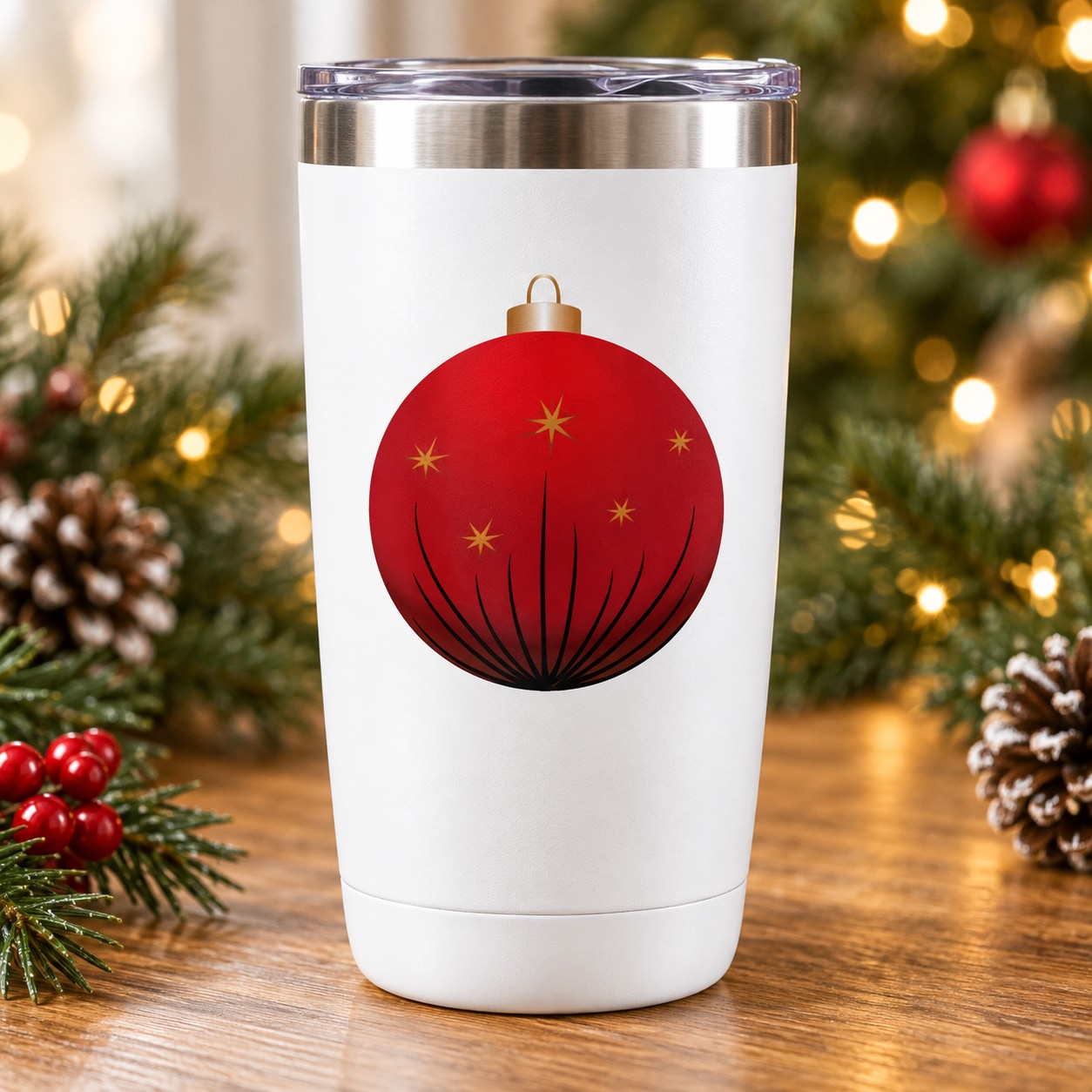 Red round ornament vinyl wall decal with red hanging ornament and gold star accents