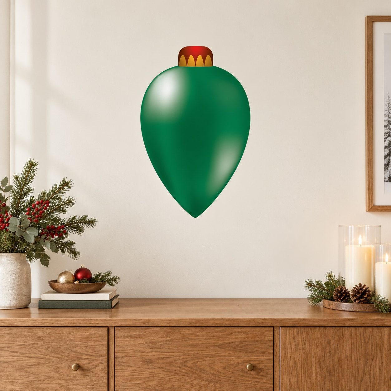 Green vinyl drop-shaped Christmas ornament wall sticker with red top cap