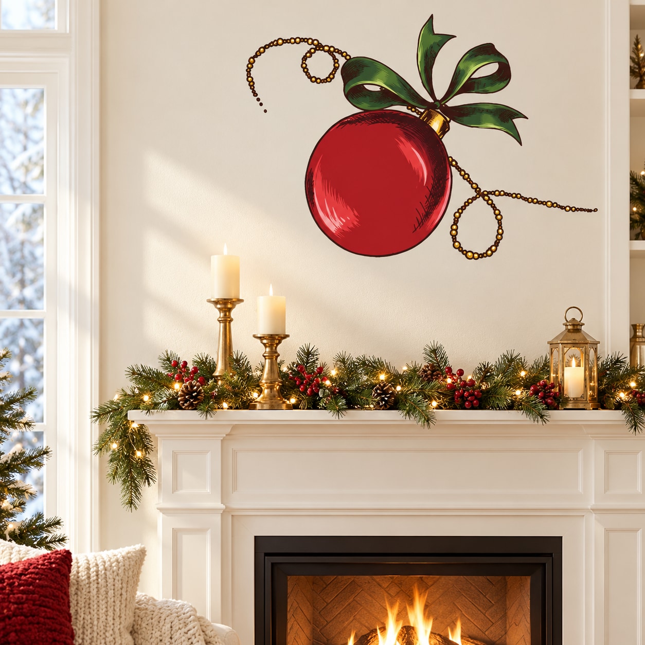 Red round ornament vinyl wall sticker with green leaves and gold chain