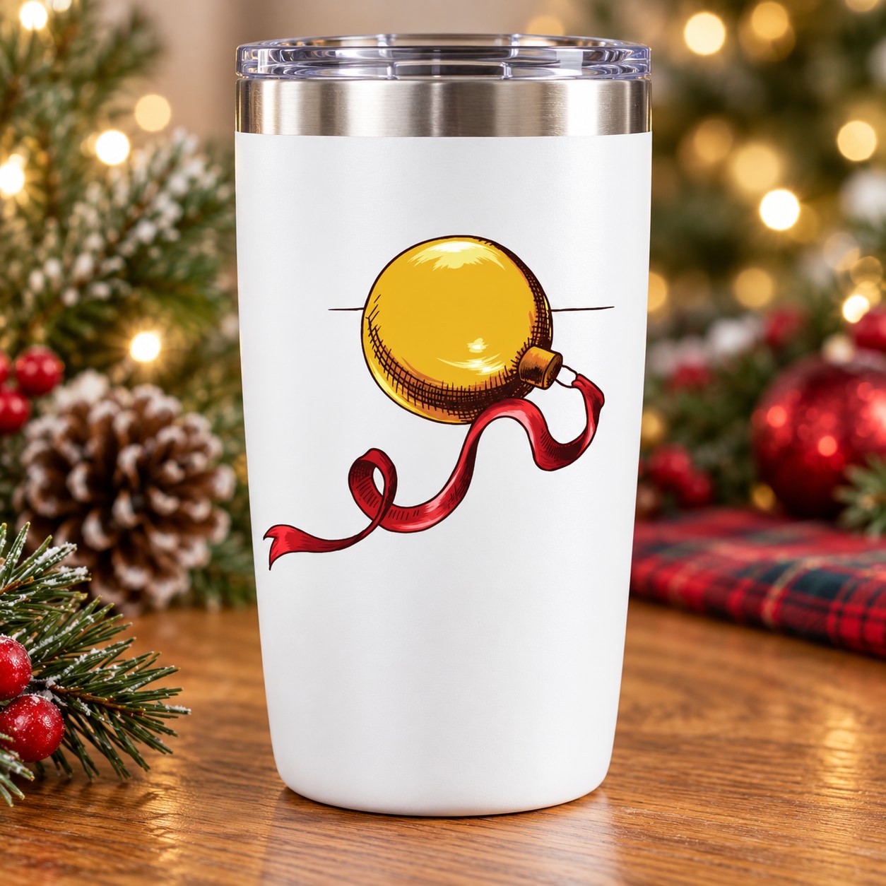 Christmas ornament vinyl decal with yellow bauble and red ribbon on white tumbler