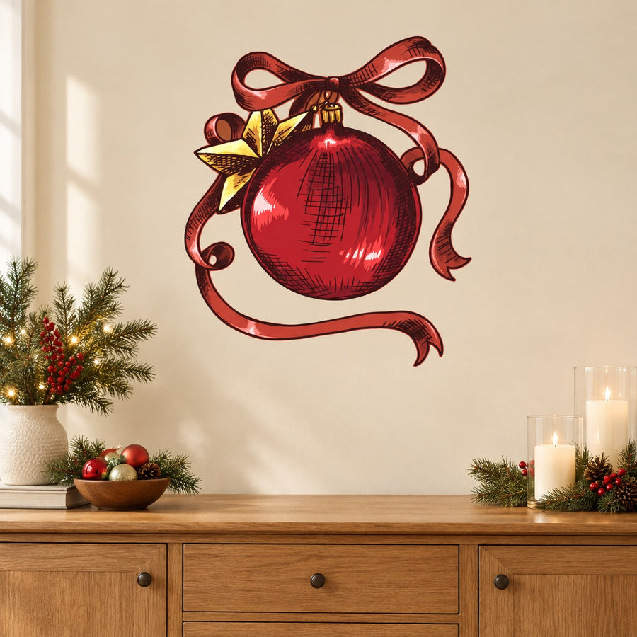 Christmas ornament vinyl wall decal with red bauble, gold star, and ribbon bow