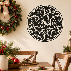 Round vine ornament decal with black filigree center and white background