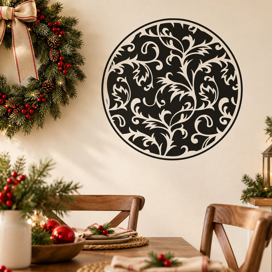 Round vine ornament decal with black filigree center and white background