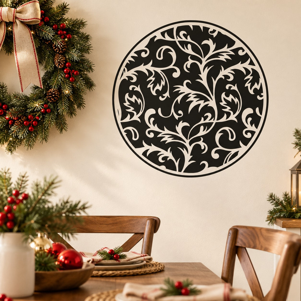 Round vine ornament decal with black filigree center and white background