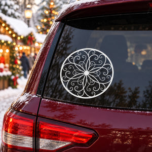 Intricate round swirl ornament vinyl decal for car rear window, white pattern