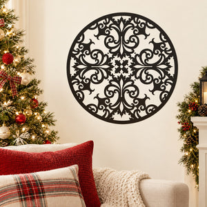Round black ornamental lace decal with symmetrical floral swirl pattern