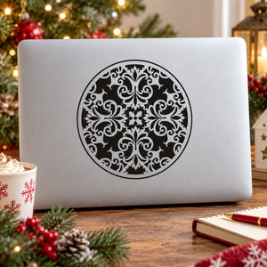 Vinyl wall decal featuring circular black kaleidoscopic ornament pattern on white backing
