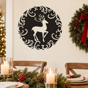 Ornate reindeer filigree circular decal with black silhouette and swirling border