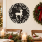 Ornate reindeer filigree circular decal with black silhouette and swirling border