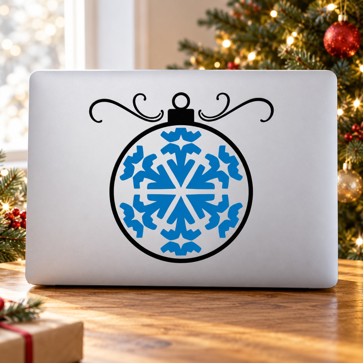 Two-tone blue snowflake vinyl decal with black outline