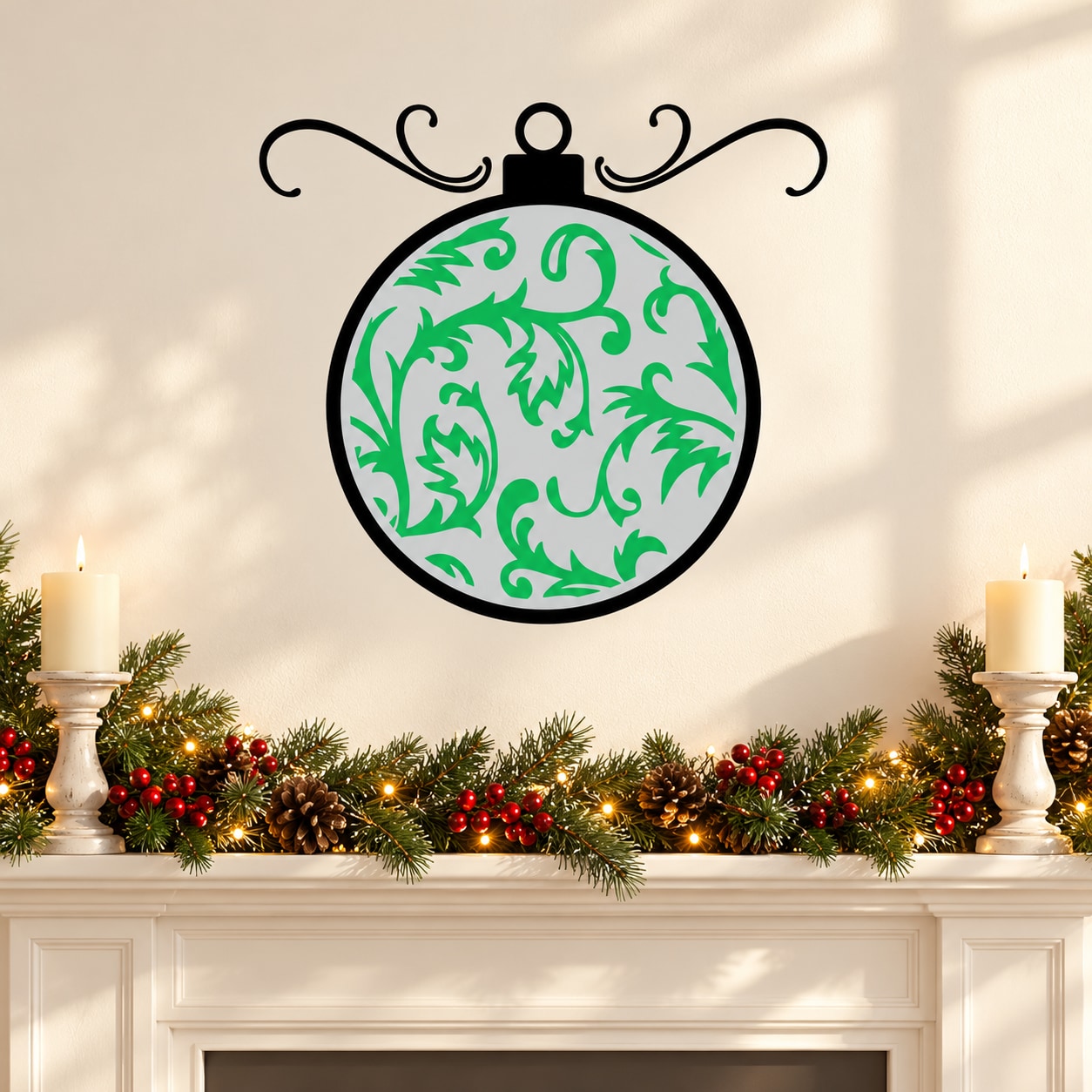 Green vine ornament decal, circular die-cut leaf print