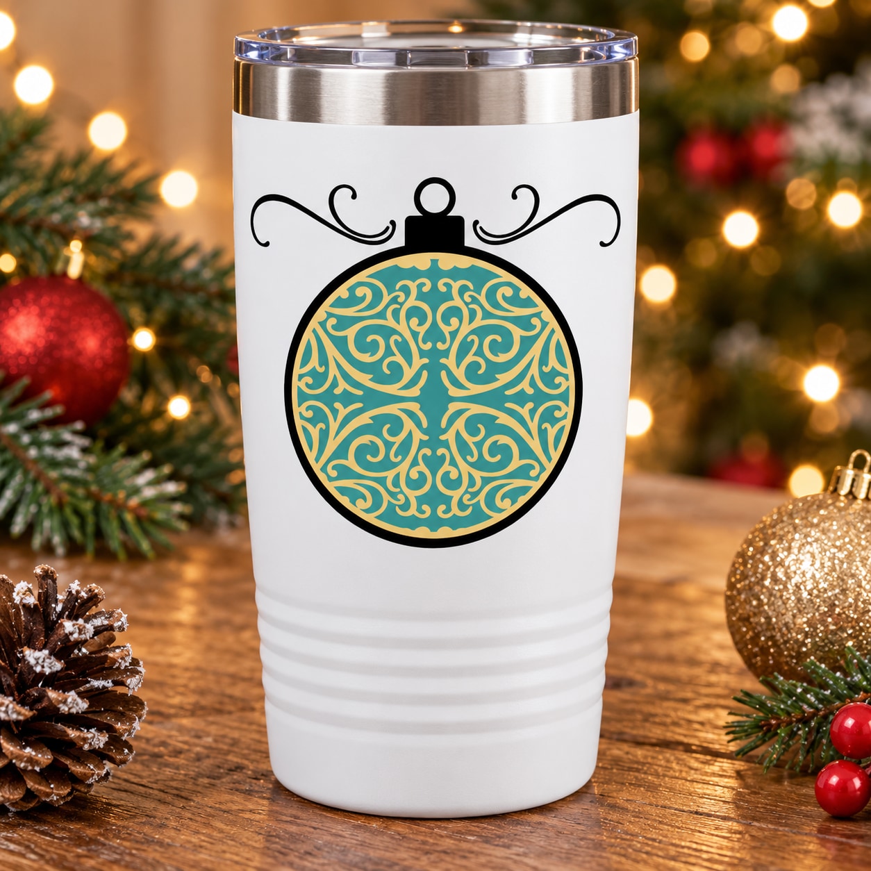 White tumbler with blue ornament circular printed die-cut decal