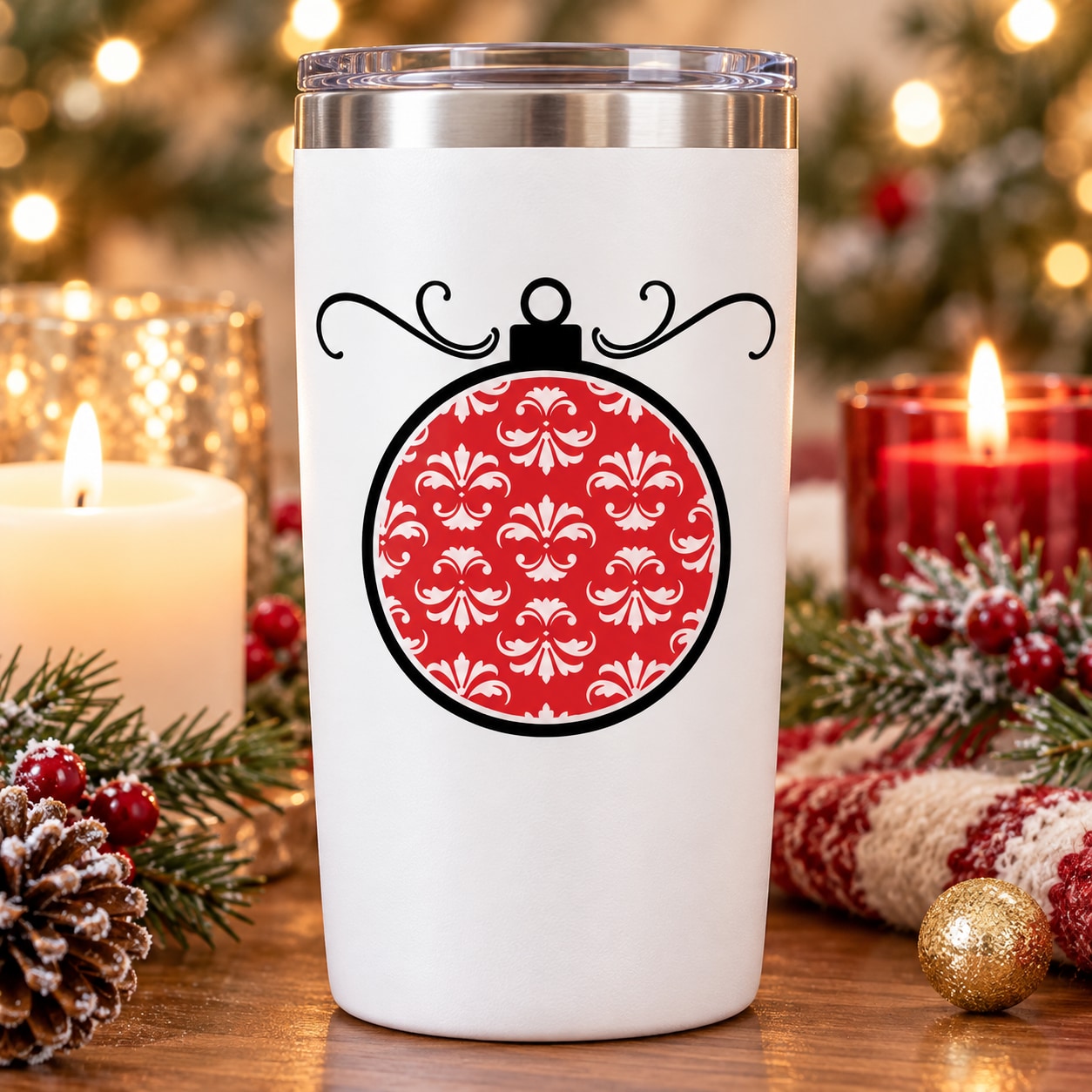 Red ornament printed die-cut decal with white swirls, applied on white tumbler