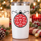 Red ornament printed die-cut decal with white swirls, applied on white tumbler
