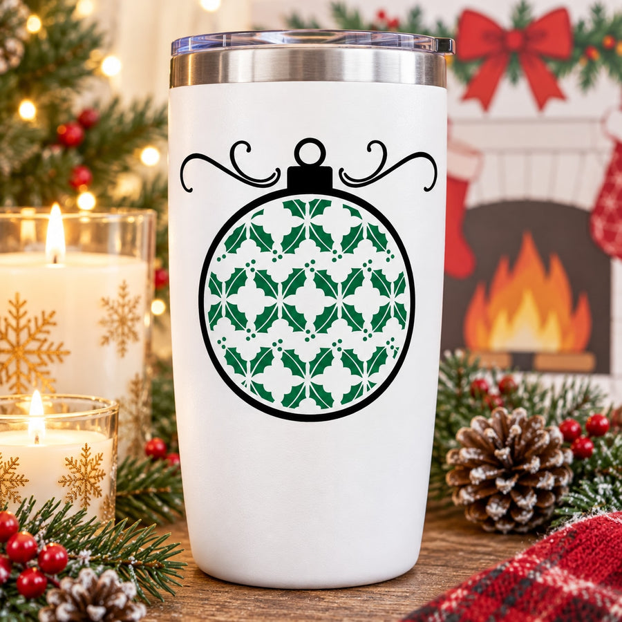 Green ornament printed die-cut decal on a white tumbler with silver lid