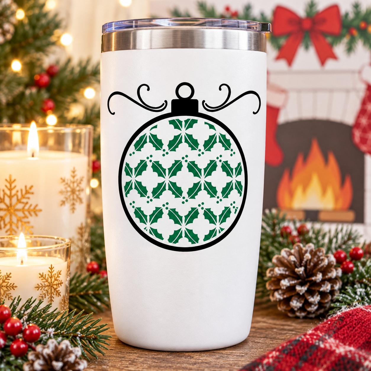 Green ornament printed die-cut decal on a white tumbler with silver lid