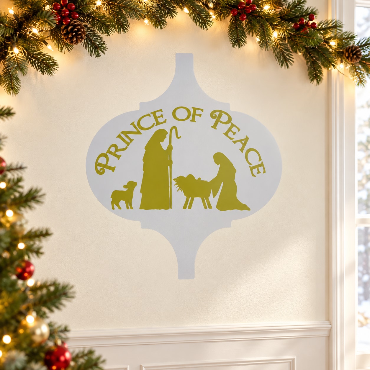 Cross-shaped vinyl decal with nativity silhouettes and “Prince of Peace” text