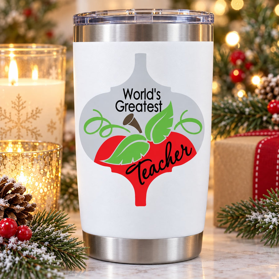 Teacher quote vinyl sticker on stainless steel tumbler with silver, green, and red