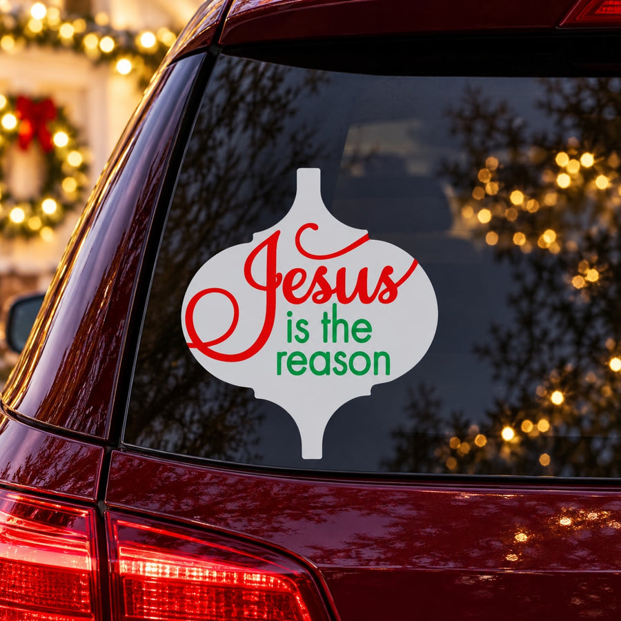Jesus is the reason ornament sticker decal, white with red and green text
