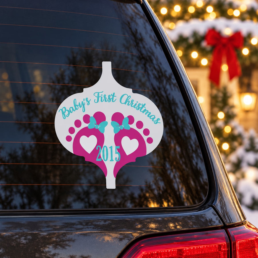 Custom baby's first Christmas feet ornament sticker, white with pink text and hearts, 2015