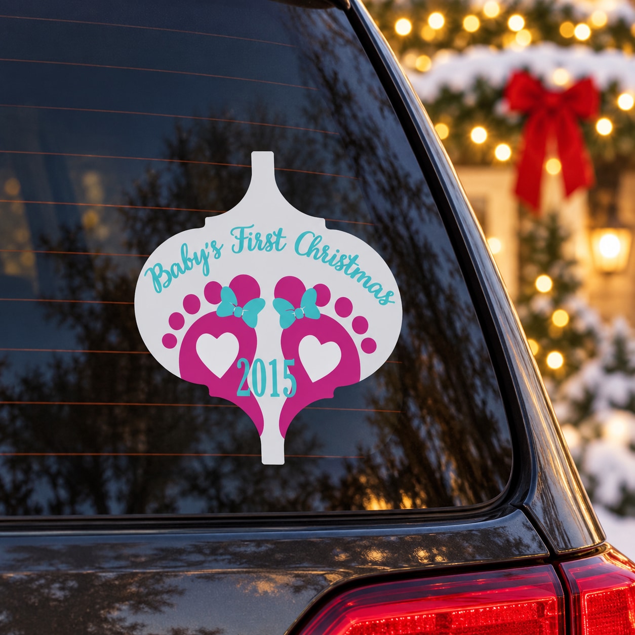 Custom baby's first Christmas feet ornament sticker, white with pink text and hearts, 2015