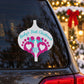 Custom baby's first Christmas feet ornament sticker, white with pink text and hearts, 2015
