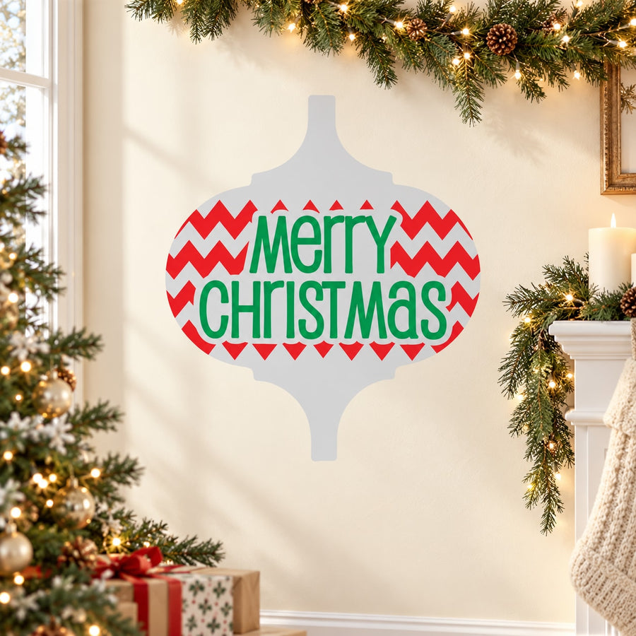 Christmas ornament sticker with red zigzag border and Merry Christmas text