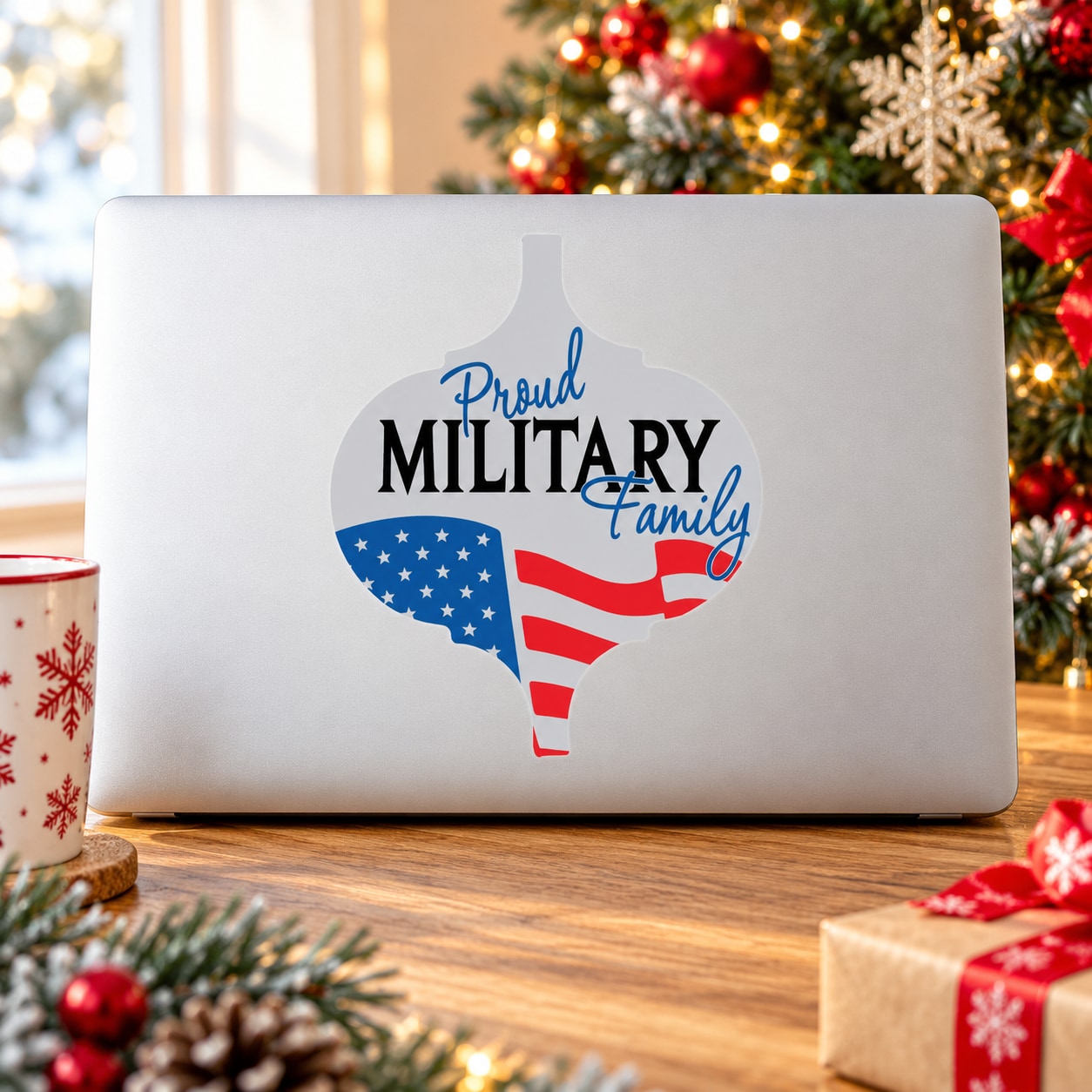 Military family ornament sticker: blue/red heart with 'Proud Military Family' text