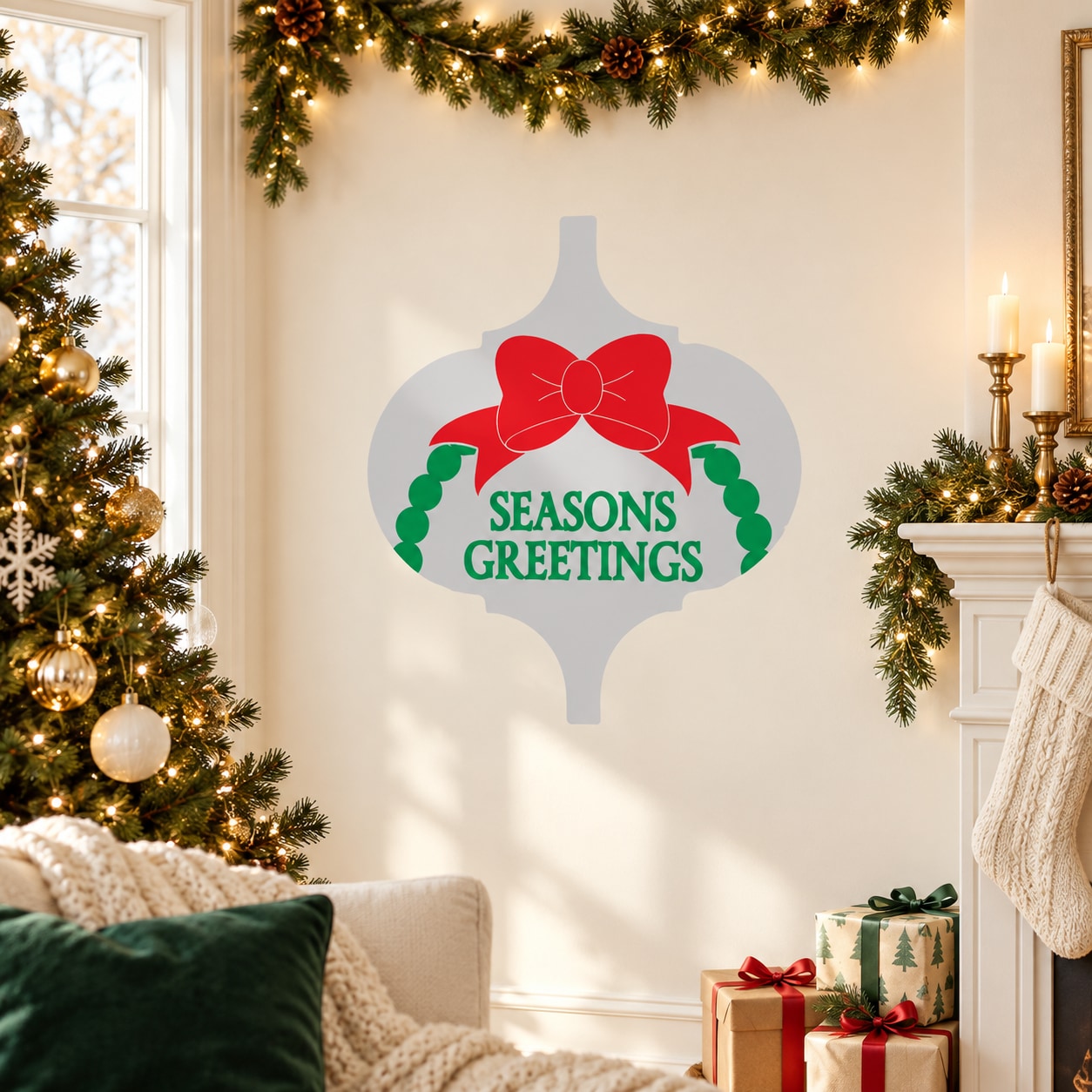 Holiday ornament sticker with red bow, green wreath, and "SEASONS GREETINGS" text