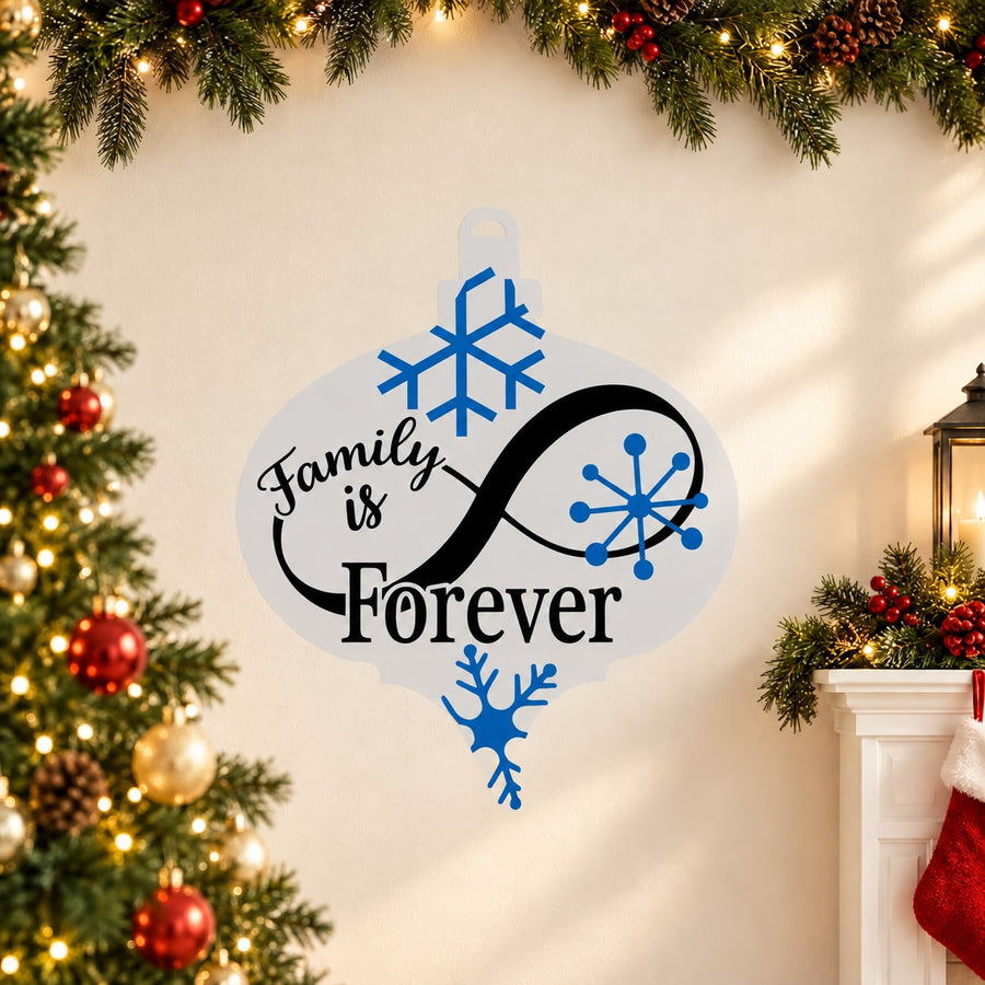 Family is Forever Christmas vinyl wall decal with blue snowflakes and script heart