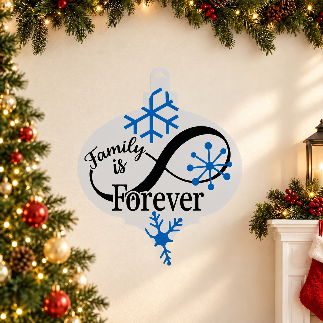 Family is Forever Christmas vinyl wall decal with blue snowflakes and script heart
