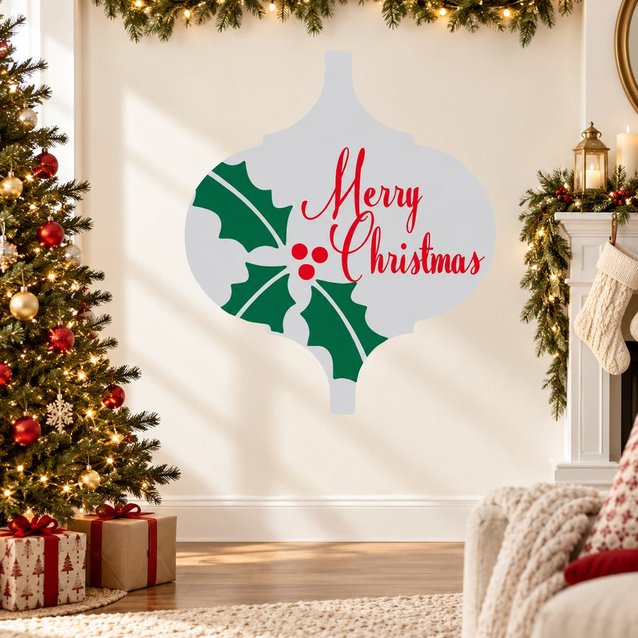 Printed die-cut Christmas ornament decal with green holly leaves, red berries, and “Merry Christmas” text