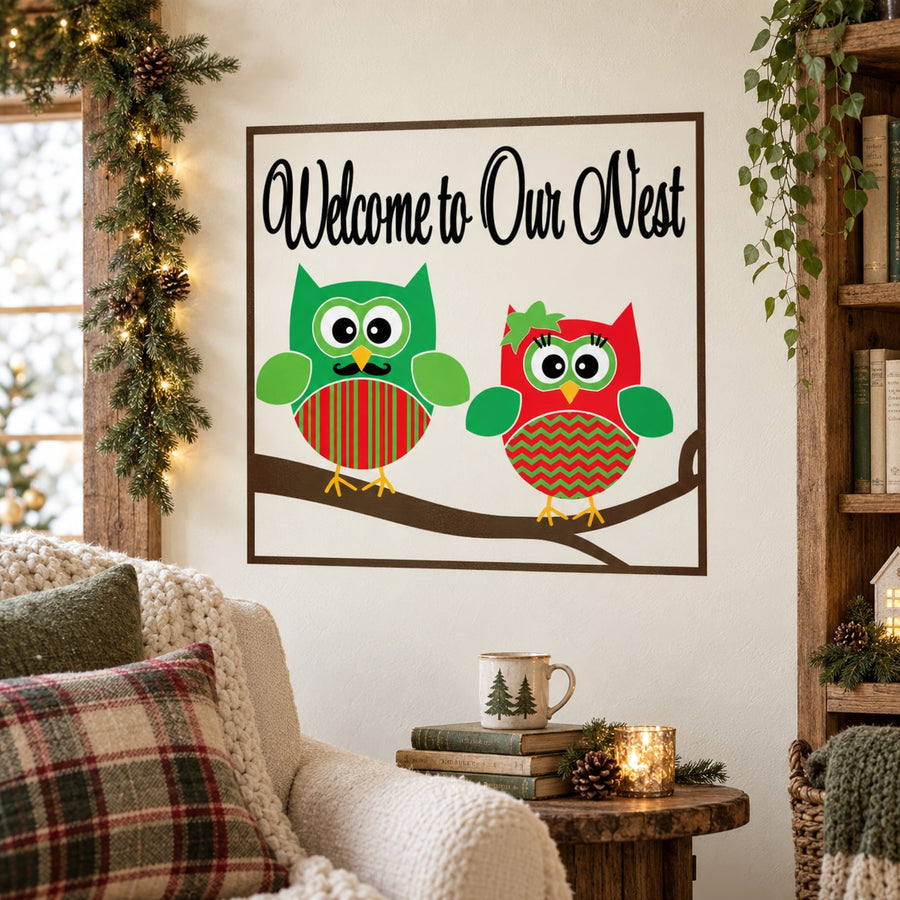 Christmas owl welcome decal with 'Welcome to Our West' and two colorful owls