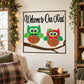 Christmas owl welcome decal with 'Welcome to Our West' and two colorful owls