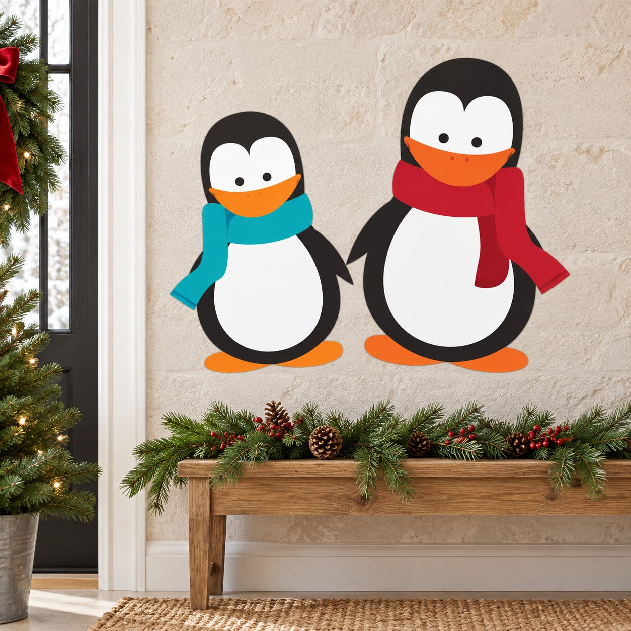 Two penguin die-cut decals with red and teal scarves