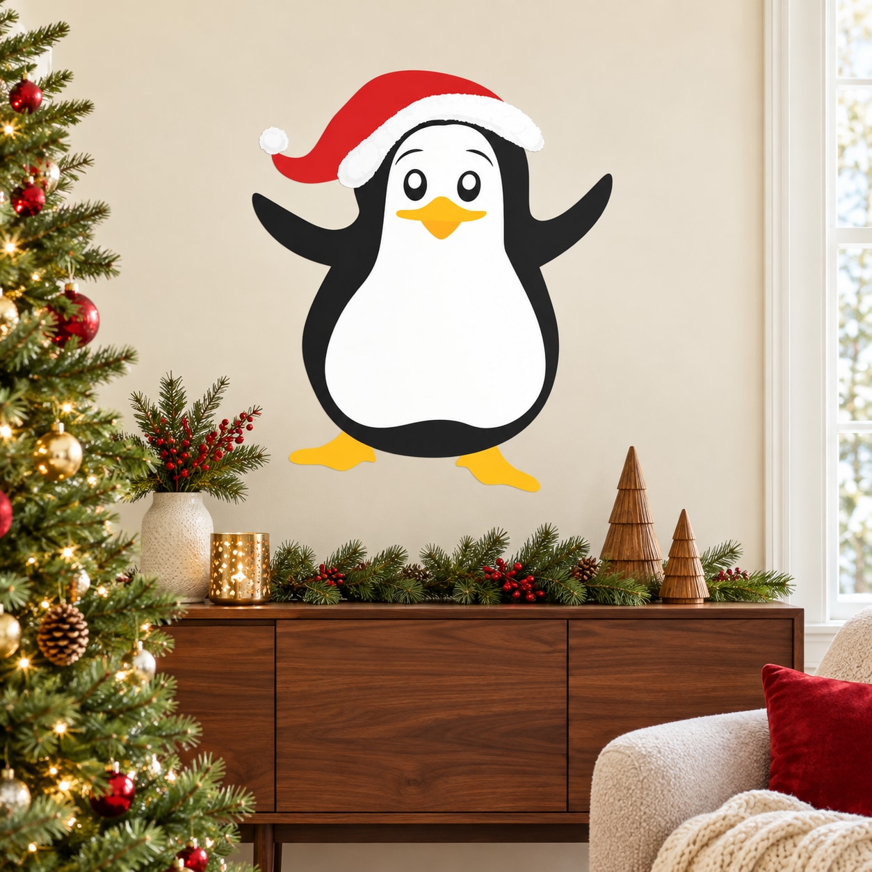 Penguin sticker with Santa hat, black-and-white body, yellow beak and feet