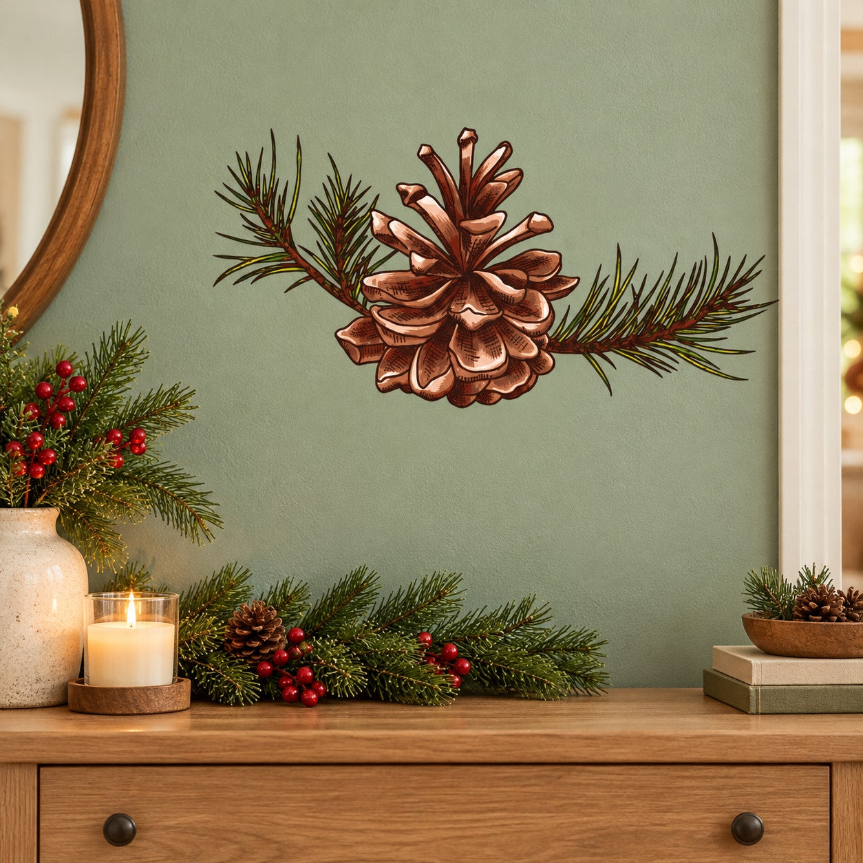 Pinecone and Branch Sticker — illustrative vinyl decal application mockup. Surrounding objects are not included.