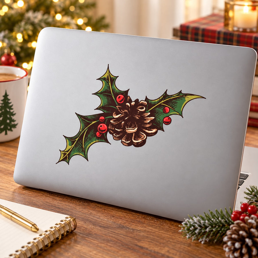 Pinecone with Holly Printed Decal — illustrative vinyl decal application mockup. Surrounding objects are not included.